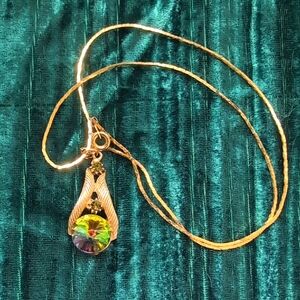 Gold Tone Necklace with Iridescent Crystal Pendant